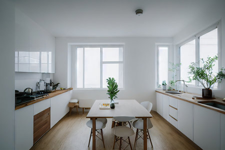 Home kitchen interior decorated with light woodの素材