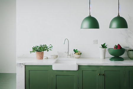 Bright green colors of decorations and furniture in home kitchen interiorの素材