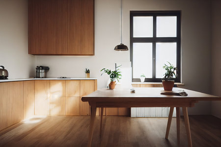 Home kitchen interior decorated with light woodの素材