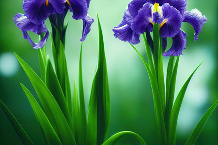 Plant purple flower iris flora on blurry green backgroundの素材
