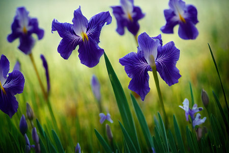 Garden with blooming iris flower on blurred background with greeneryの素材