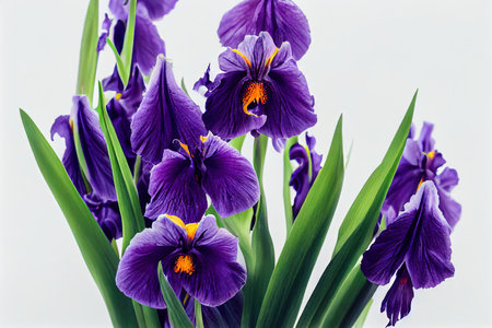 Bouquet of purple iris flower with leaves and buds on white backgroundの素材