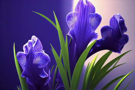 Purple plant iris flower with leaves on purple backgroundの素材
