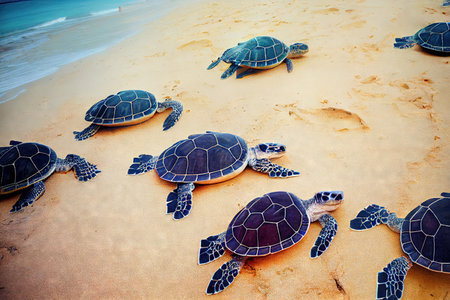 Crawling on sandy beach to water sea turtleの素材