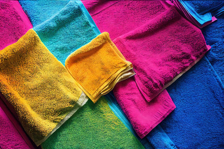 Stack clean bath towels of different colors delivered from laundryの素材