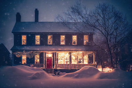 Cozy house exterior decorated with illumination against background of winter landscapeの素材