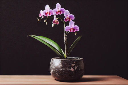 Pot with flowering orchid flowers with leaves on wooden tableの素材