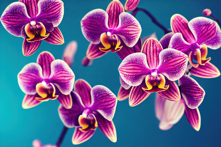 Bright exotic orchid flowers on branch on blue backgroundの素材