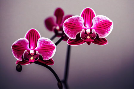 Beautiful red orchid flowers on blurry gray backgroundの素材