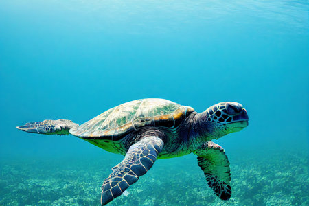 wild diving with sea turtle underwater on ocean floorの素材
