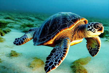 wild diving with sea turtle underwater on ocean floorの素材