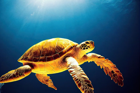 Sea turtle in blue water of ocean under rays of sunの素材