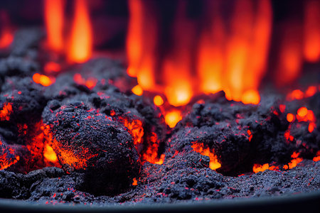 Fire with burning firewood and smoldering coals in the darkの素材