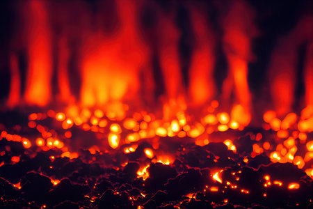 Closeup of a hot burning coals on the dark background.の素材
