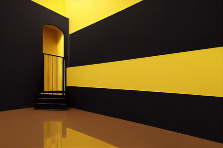 Black step ladder against wall on the background of bright yellow floorの素材