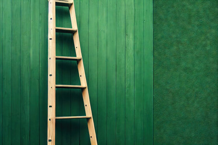 New wooden step ladder against wall of green wooden houseの素材