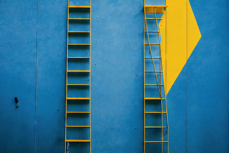 House in yellow blue colors and step ladder against wallの素材
