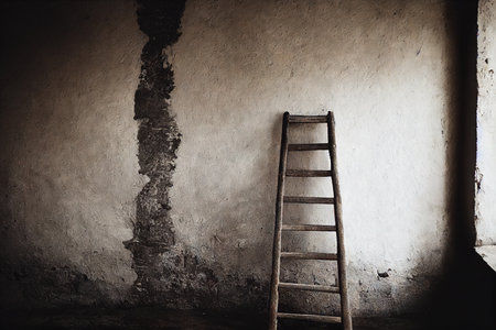 Rusty metal step ladder against wall in empty room of old houseの素材