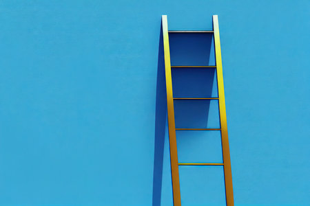 New yellow step ladder against wall in interior of house in blue toneの素材
