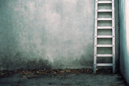 Aluminum step ladder against wall to climb and work at heightの素材