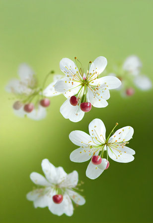 Small white flowers with pink middle on green background as wallpaper flowersの素材