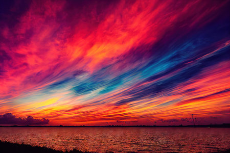 Bright colors of sunset dramatic sky on sea in summerの素材
