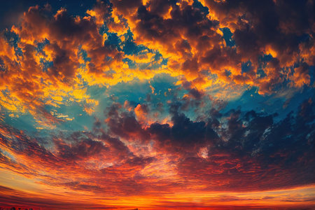 Large golden and orange clouds in sunlight of sunset dramatic skyの素材