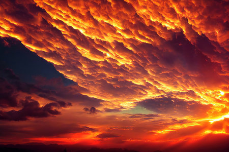 Large golden and orange clouds in sunlight of sunset dramatic skyの素材