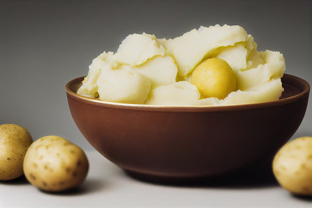 Large portion of mashed potatoes in deep brown bowl on rackの素材
