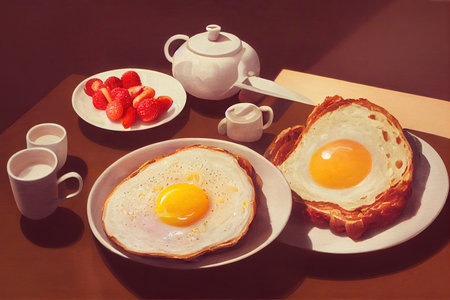 Scrambled eggs with bread and tea with berries for breakfast on tableの素材