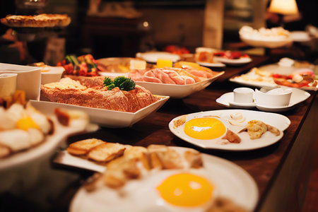 Plates of scrambled eggs and toast for breakfast at buffetの素材