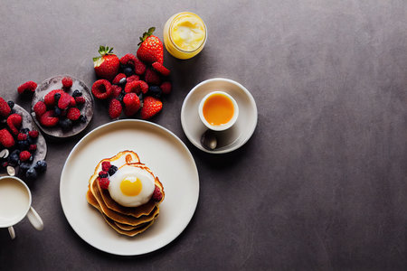 Breakfast of pancakes with egg, tea and berries on grey tableの素材