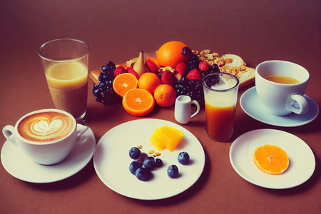 Fresh fruits, berries and juice on table for healthy breakfastの素材