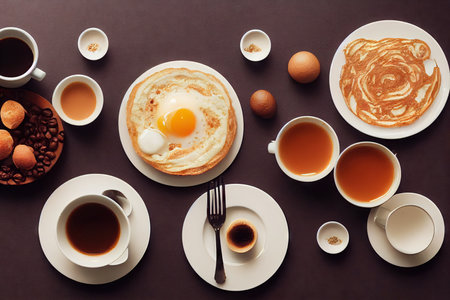 Brown table set for breakfast with scrambled eggs and teaの素材