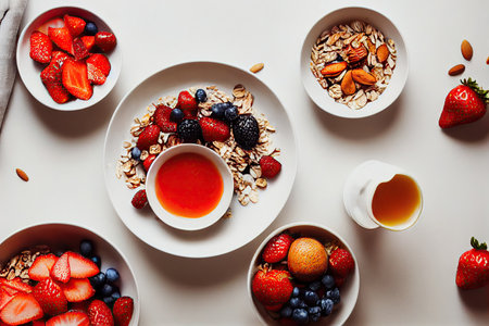 Granola bar overhead with fresh berries and fruits in bowl on tableの素材