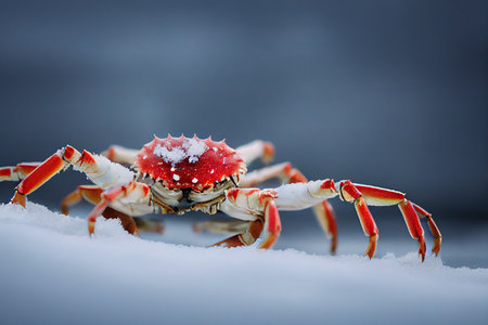 Bright beautiful crab with thin crab legs on white gray backgroundの素材