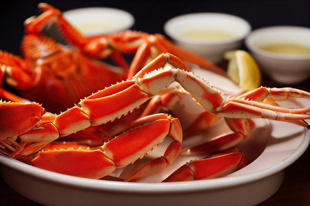 Freshly boiled crab legs laid out on lunch plateの素材