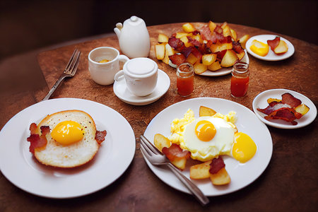 Delicious scrambled eggs with bacon and breakfast drinksの素材