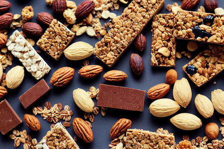 Flat granola bar overhead with berries and different nutsの素材