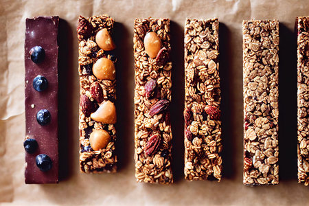 Long granola bar overhead with large pieces of walnut and raisinsの素材