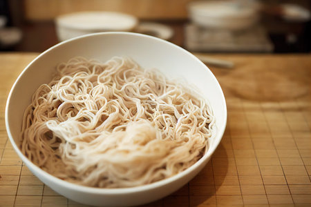 Thin homemade pasta in round white plate in kitchenの素材