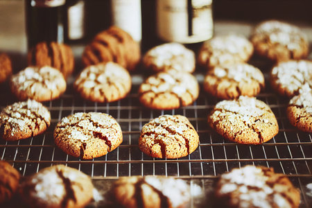 Round freshly baked cranberry biscotti with pieces of berries and nutsの素材