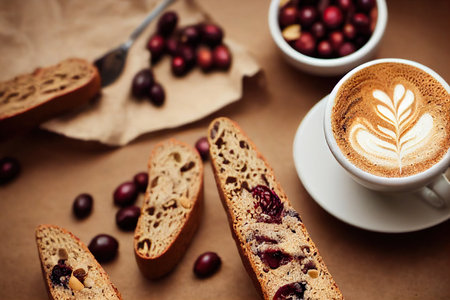 Cup of coffee with dessert in form of cranberry biscotti with berries and nutsの素材