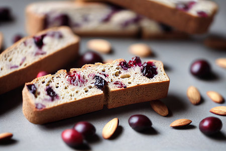 Rectangular cranberry biscotti baked with berries and decorated with almondsの素材