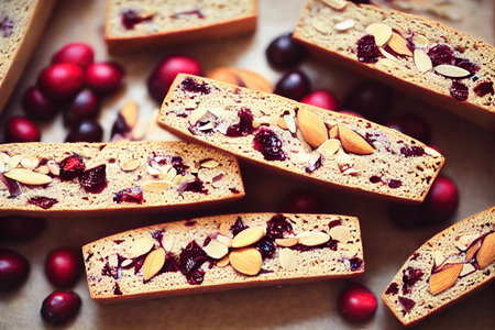 Slices of mouth-watering crispy cranberry biscotti laid out on beige tableの素材