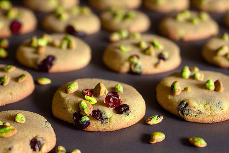 Round appetizing cranberry biscotti sprinkled with berries and nutsの素材