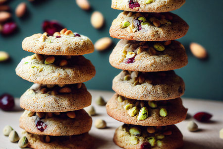 Beige crispy cranberry biscotty stacked on tableの素材