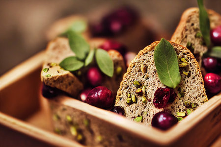 Basket full of traditional homemade cranberry biscotti with berries and nutsの素材