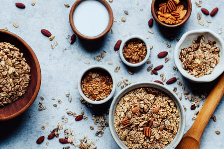 Bowls of muesli, organic food and granola bar overhead on tableの素材