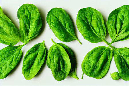 Delicate bright green leaves of healthy spinach on white backgroundの素材